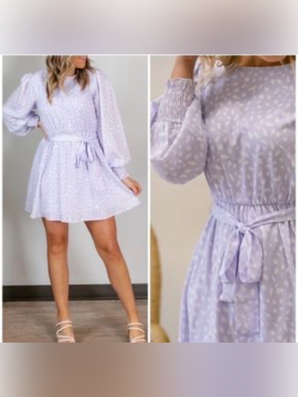 Peach Love California Light Lavender Mini Dress with White Leaf Print